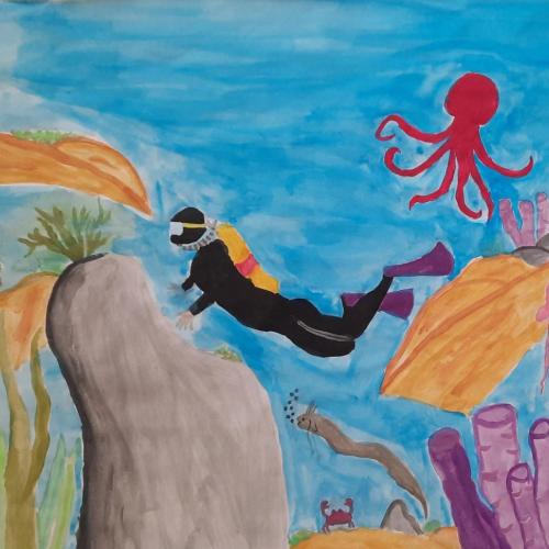 Zeichenwettbewerb Unterwasser Taucher Oktopus