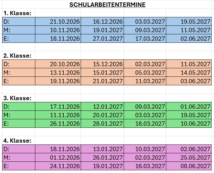 Schularbeitentermine für das Schuljahr 2026_2027